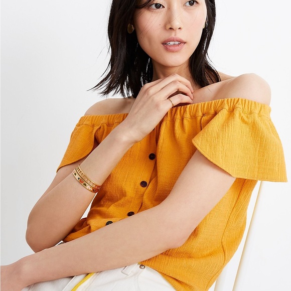 Madewell Off The Shoulder Cropped Tie Front Top in Celestial Gold - XS - Picture 3 of 15